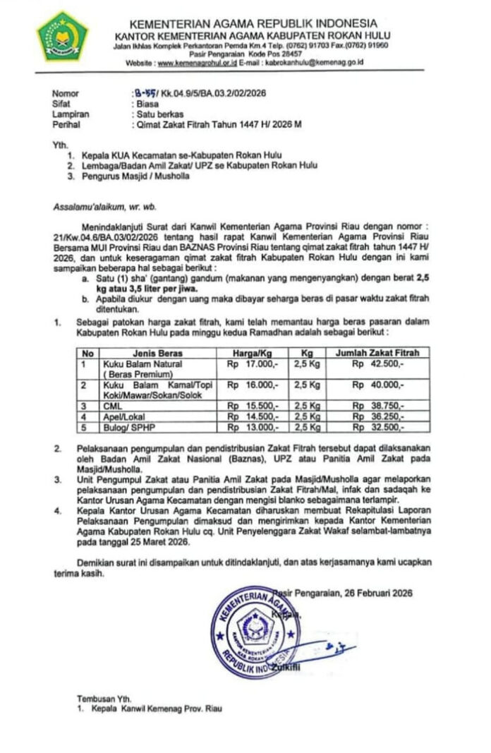 Surat edaran Kemenag Rokan Hulu tentang Zakat Fitrha tahun 2026